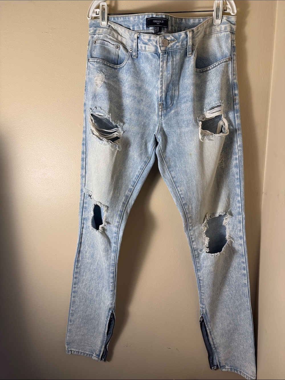 Forever 21 Light Wash Distressed Slim Straight Jeans